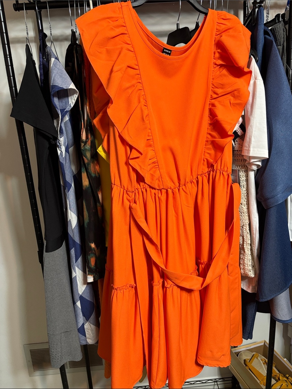 SHEIN Bright Orange Ruffle-Sleeve Mini Dress
